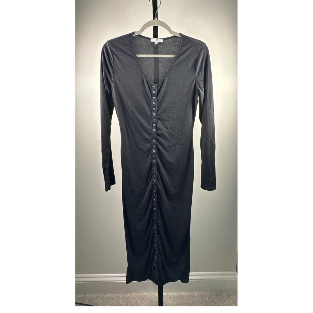 BP. Womens Midi Dress Size M Black Snap Button Front Ruched Long Sleeve Ribbed